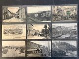 several old black and white photographs of a town with people on the street