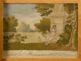 an old picture of a woman sitting on a bench in front of a tree