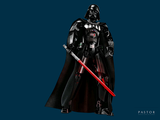 a darth vader with a red light saber in his hand