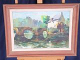 a painting of a bridge over a body of water