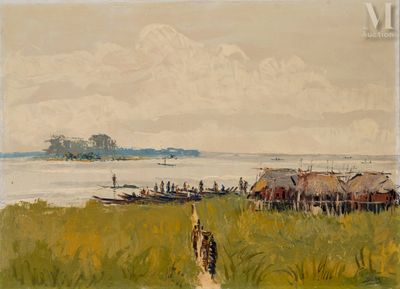 a painting of a boat in a body of water