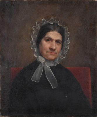 un tableau représentant une femme en robe noire coiffée d'un bonnet blanc