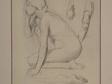 drawing of a nude woman sitting on the ground with a bird flying over her head