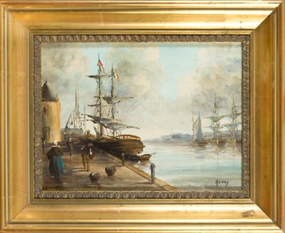 tableau représentant une scène portuaire avec des bateaux et des personnes marchant sur le quai
