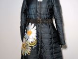 woman ' s long black coat with flower embroidery and belt