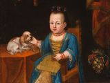 an image of a painting of a young girl sitting at a table with a dog