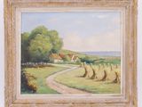 a painting of a farm scene with a path leading to a house