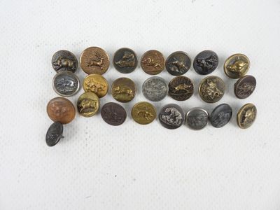 Plusieurs types de boutons sont disposés sur une surface blanche