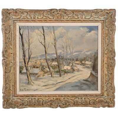 une image représentant un tableau représentant un paysage enneigé avec une maison au loin