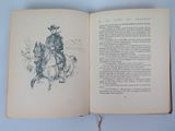 an open book with a drawing of a man riding a horse