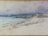 tableau représentant une personne marchant sur une plage près d'un plan d'eau