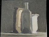 a painting of a vase and a banana on a table