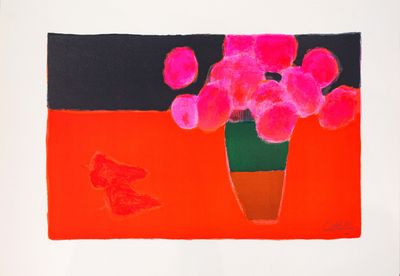 un tableau représentant un vase contenant des fleurs roses