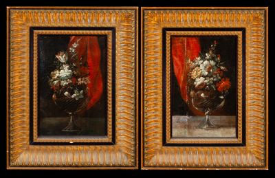 two paintings of flowers in a vase on a table with a red curtain