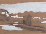 dessin représentant un vieux bâtiment en bois sur une plage, avec une montagne en arrière-plan