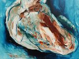 a painting of an oyster shell on a blue background