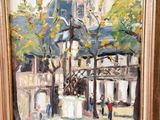 une peinture à l'huile représentant une fontaine devant un bâtiment