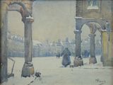 un tableau représentant un homme et un chien se promenant dans la neige