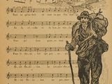 an old book with a drawing of a man walking with a cane