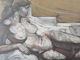 a drawing of a woman laying down on a bed
