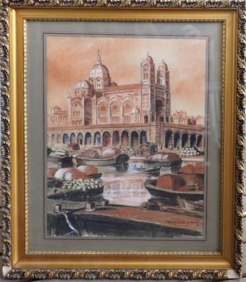 painting of a large building with a clock tower in the middle of it