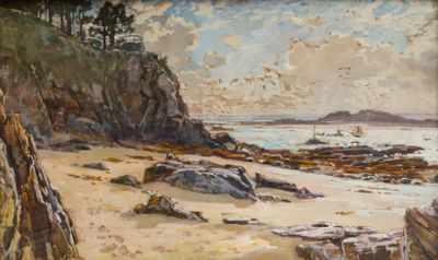 une peinture représentant une plage avec des rochers et un bateau dans l'eau