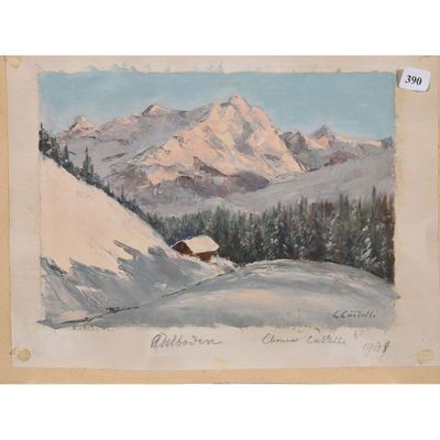 an image of a painting of a snowy mountain scene with a cabin in the foreground