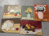 four paintings of fruit and flowers in a vase on a tile floor