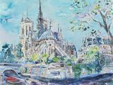 painting of a painting of a cityscape with a river in the foreground