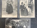 three old black and white photos of people standing in front of a building