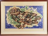painting of an owl on a blue background in a wooden frame