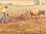 a painting of a man plowing a field with two oxen