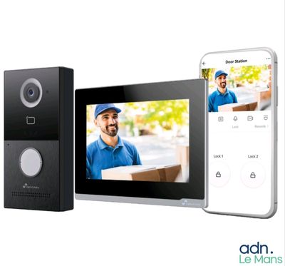 deux interphones vidéo avec un homme à l'écran, à côté d'une boîte