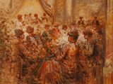 une image représentant un tableau où l'on voit une femme en robe rouge assise devant un bouquet de fleurs
