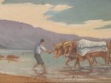 a painting of a man walking with two horses on the beach