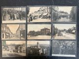 several old black and white photos of people walking down a street