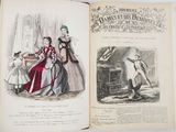 two pages of an old book with illustrations of women and men