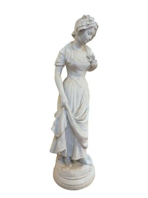 marble statue of a woman holding a flower on a pedestal
