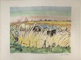 drawing of a painting of a landscape with a river in the distance