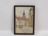 tableau représentant une scène de rue avec une voiture au premier plan et un bâtiment à l'arrière-plan