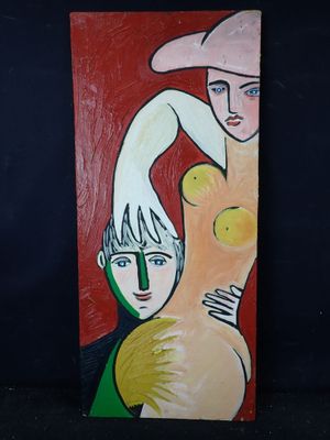 tableau représentant une femme coiffée d'un chapeau et un homme tenant un oiseau