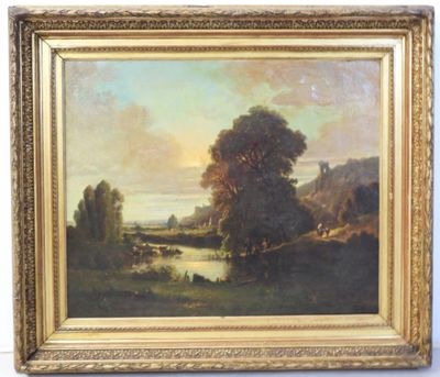 une peinture à l'huile représentant un paysage avec une rivière au premier plan
