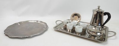 a silver tray with a silver tea set and a silver tray with cups and saucers on it