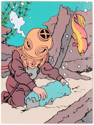 illustration of a man in a diving suit with a fish in the background