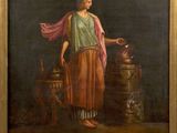 an oil painting of a woman standing next to a water well