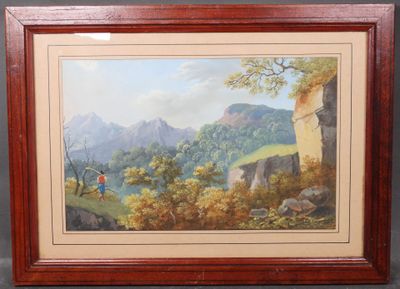 un tableau représentant un paysage de montagne avec un homme et un chien au premier plan