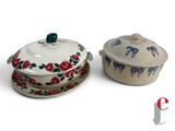 two different types of dishes on a white surface