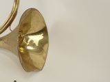 a brass trumpet and a coin on the table