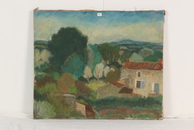 peinture représentant un paysage avec une maison et des arbres en arrière-plan