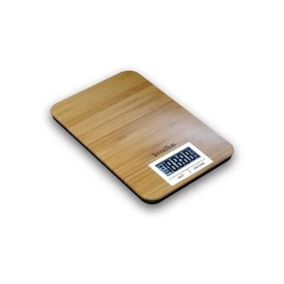 wooden cutting board with digital display on white background